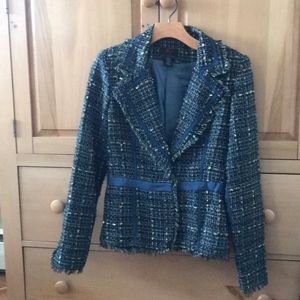Chanel-style ribbon detailed blue green blazer